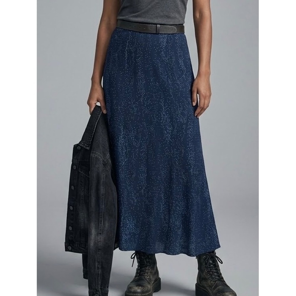 Vintage 90s Choices Slinky Maxi Skirt Medium Navy Blue Dotted Polka Dot Sretch